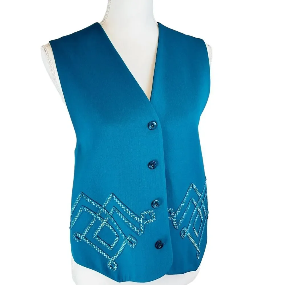 Vintage I B DIFFUSION French Blue‎ Wool Vest Button Front 8 Zig Zag Ribbon